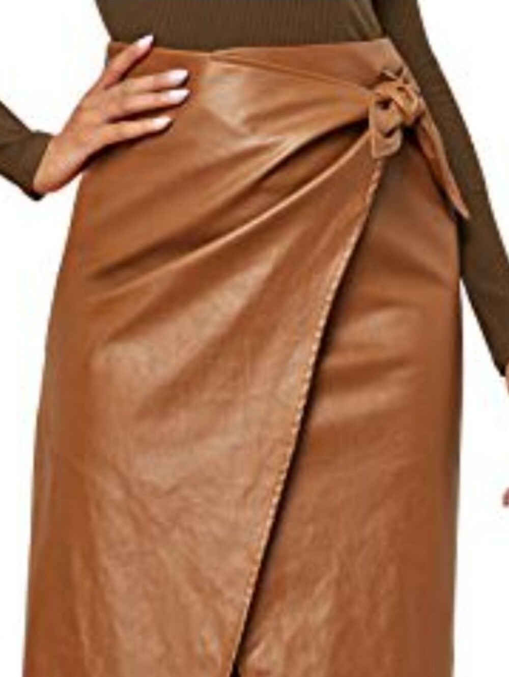 Grace Karin Tan Faux Leather Wrap Midi Skirt